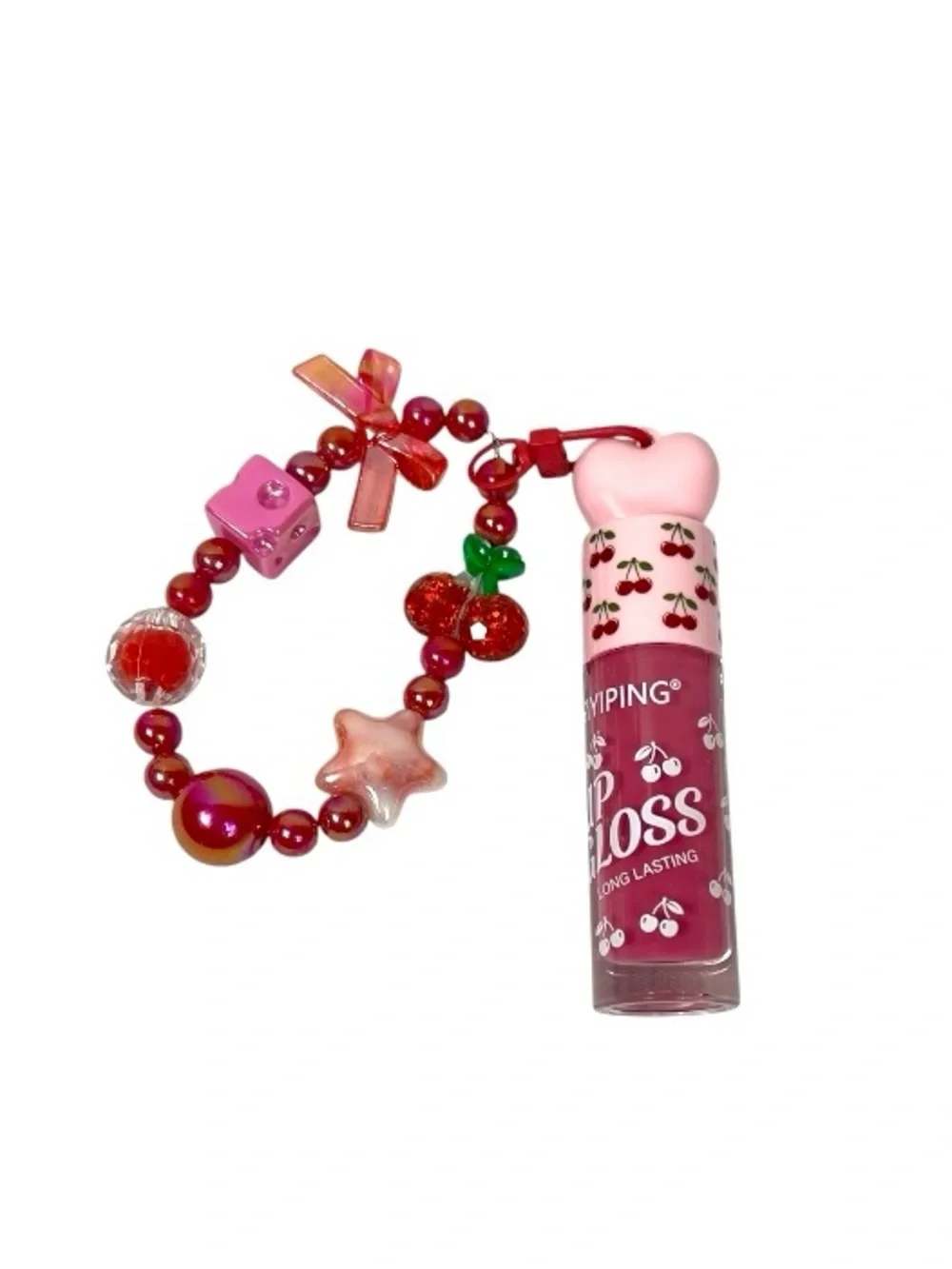 Cherry 🍒 Pink Lip Gloss with Beaded Charm Bracelet